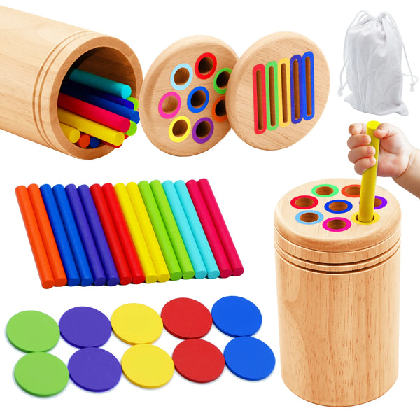 Wooden Montessori colour sorting cup with rainbow sticks