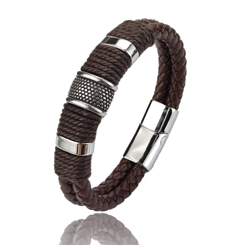 Braided men's bracelet, brown with silver steel
