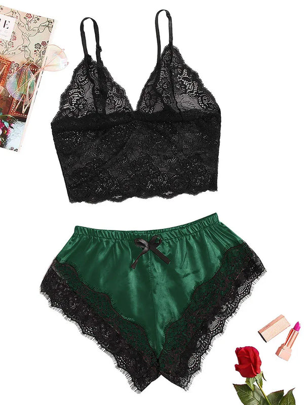 Women Lace Pajama Set Sexy Satin Sleepwear 2Pcs Lingerie Cami Top and Shorts Nightwear Summer Home Clothes Gift for Her