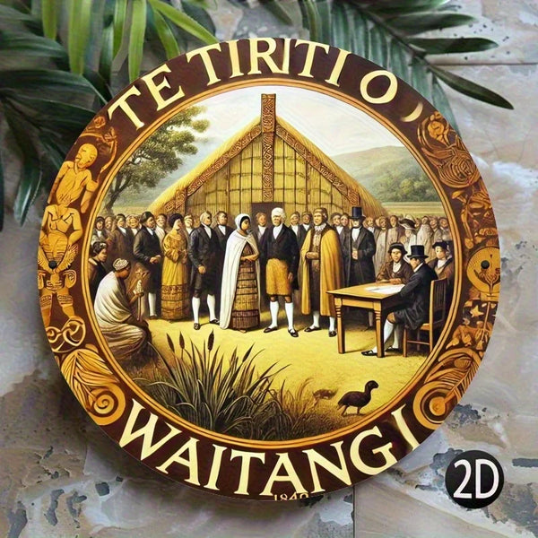 2D Flat, 1pc 8x8 Inch Round Metal Sign - Vintage 1840 Treaty of Waitangi Historical Artwork, Durable Iron Wall Decor with Pre