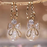 Crystal Bow Earrings with Natural Stone Drop Design Gold Korean Style for Women Tender Shiny Jewelry Gift for Her