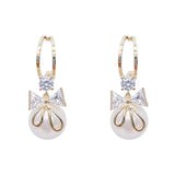 Crystal Bow Earrings with Natural Stone Drop Design Gold Korean Style for Women Tender Shiny Jewelry Gift for Her