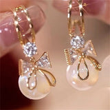Crystal Bow Earrings with Natural Stone Drop Design Gold Korean Style for Women Tender Shiny Jewelry Gift for Her