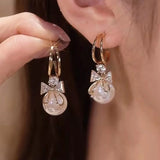 Crystal Bow Earrings with Natural Stone Drop Design Gold Korean Style for Women Tender Shiny Jewelry Gift for Her
