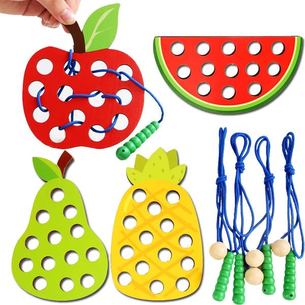 Wooden fruit lacing threading toy