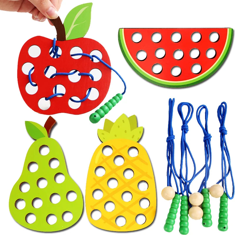 Wooden fruit lacing threading toy
