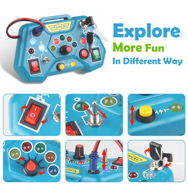 Kids driving busy board with lights and switches