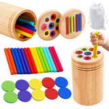 Wooden Montessori colour sorting cup with rainbow sticks