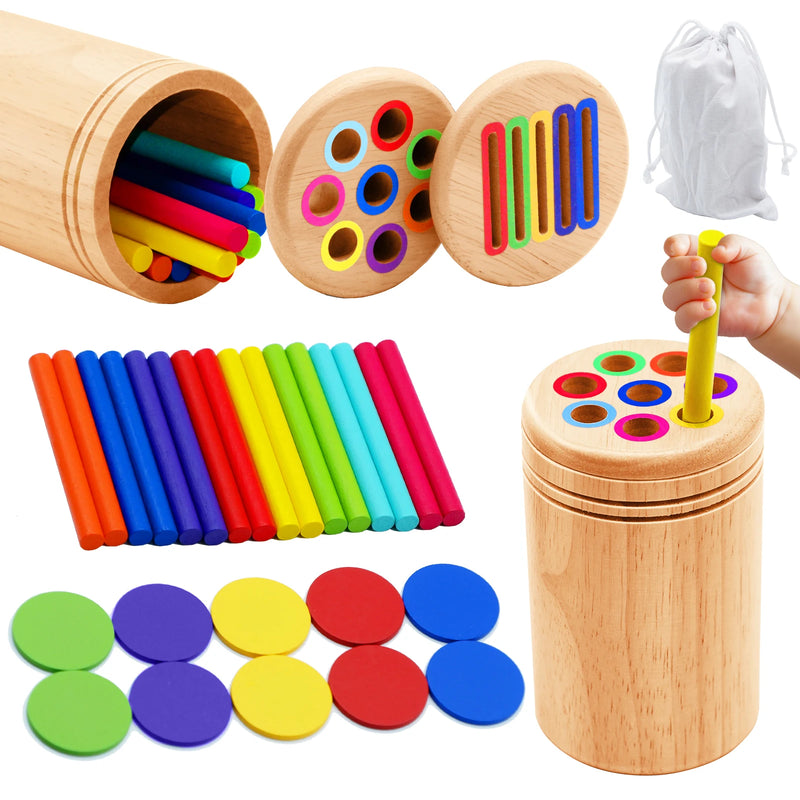Wooden Montessori colour sorting cup with rainbow sticks