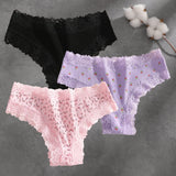 Lace trim bikini briefs three pack – Black, Lilac & Pink / S
