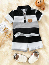 Baby striped teddy polo and shorts set – Black & Grey / 3-6 months