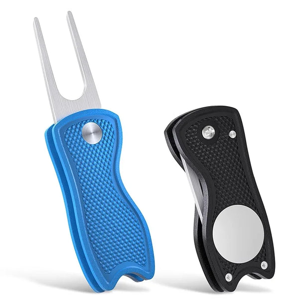 Folding golf divot tool with ball marker