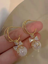 Crystal Bow Earrings with Natural Stone Drop Design Gold Korean Style for Women Tender Shiny Jewelry Gift for Her