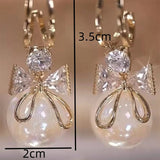 Crystal Bow Earrings with Natural Stone Drop Design Gold Korean Style for Women Tender Shiny Jewelry Gift for Her
